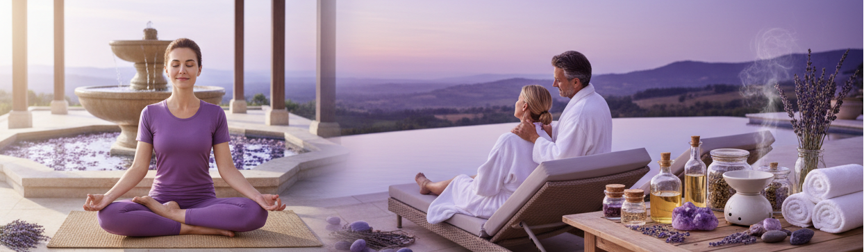 Banner de bem-estar com paleta roxa